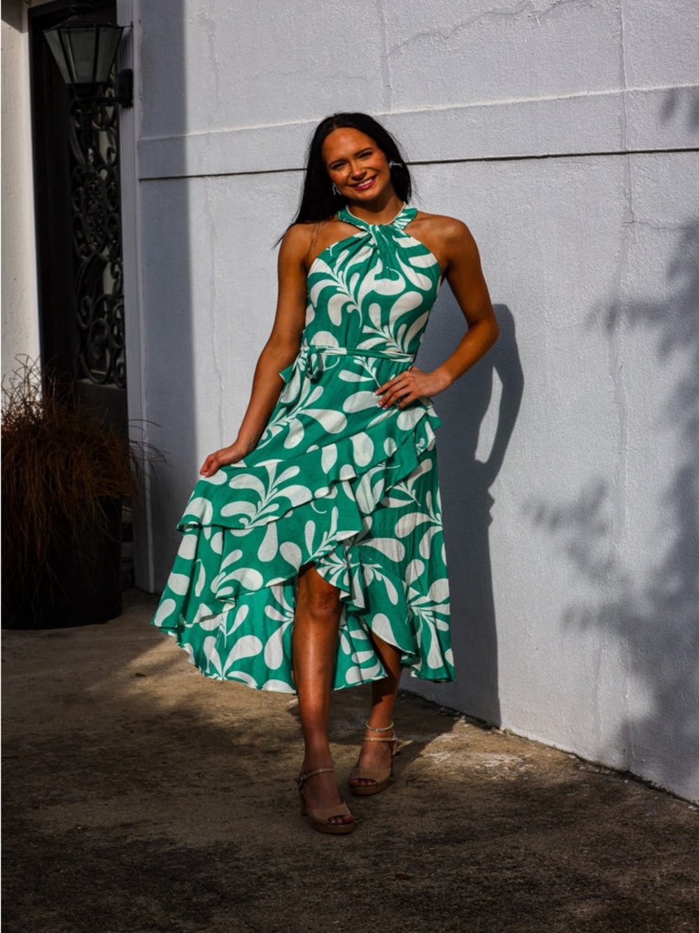 🌿Green Leaf Halter Midi Dress Size‎ Large Floral Midi Dress No Belt